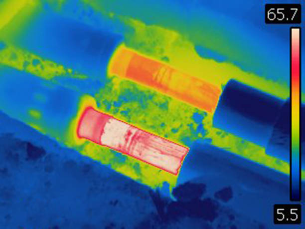 imagem térmica do pipeline de aquecimento de distrito em uma trincheira - heating element - fotografias e filmes do acervo