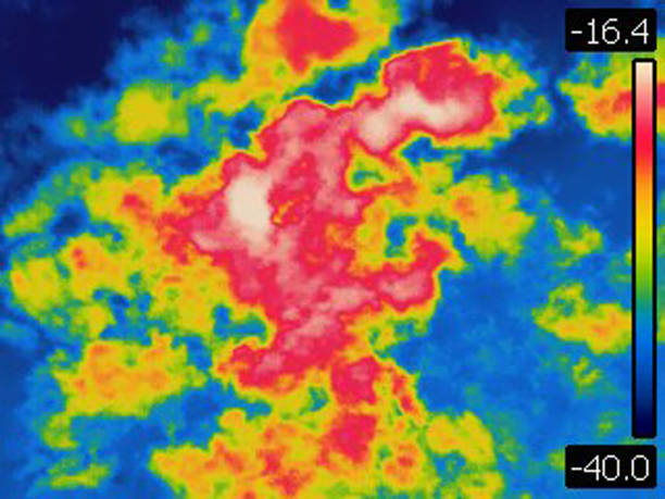 Thermal image of clouds viewed from ground level in winter night Image is taken with infra red camera on cold winter day.Each color represents different temperatures, as is shown on spectrum scale on right side of image. thermal image stock pictures, royalty-free photos & images