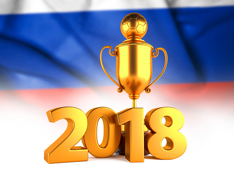 Sport Background withSport Background with Golden Winner Trophy Cup and 2018 text against the national flag of Russia