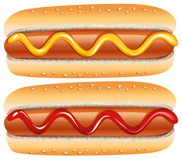 bildbanksillustrationer, clip art samt tecknat material och ikoner med korv med senap och ketchup - hotdog