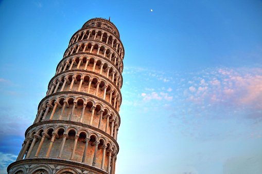 Scenic view of leaning tower of Pisa at sunset, Italy