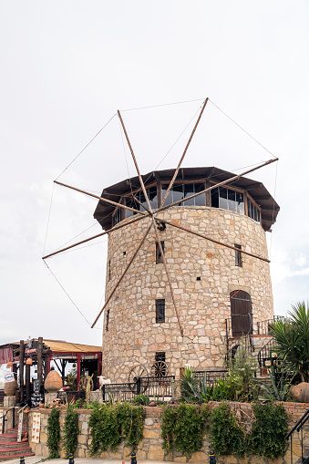 Exterior view of the ancient windmills in Gumbet district of Bodrum, Aegean coast of Turkey.