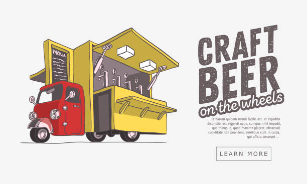 istock Mobile Craft Beer Pop Up Vehicle For Catering And Street Selling Web Banner Design. Artistic Cartoon Hand Drawn Sketchy Line Art Style. 892419340