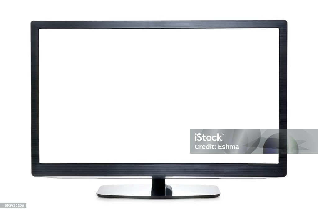 Wide screen tv isolated on white with clipping path Wide screen tv or monitor isolated on white, copy space on the screen. Clipping path included White Background Stock Photo