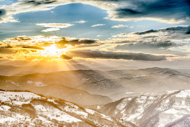 istock Beautiful sunset with winter landscape 892441294