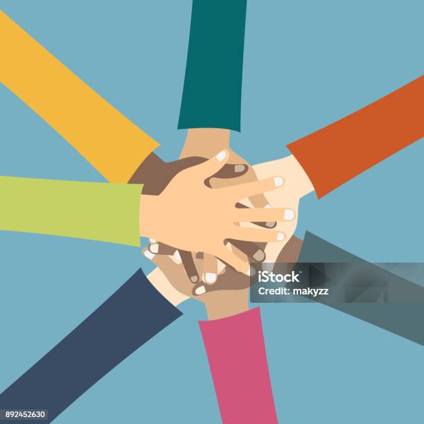 Teamwork Concept Friends With Stack Of Hands Showing Unity And Teamwork Top View Young People Putting Their Hands Together Flat Vector Illustration Stock Illustration - Download Image Now