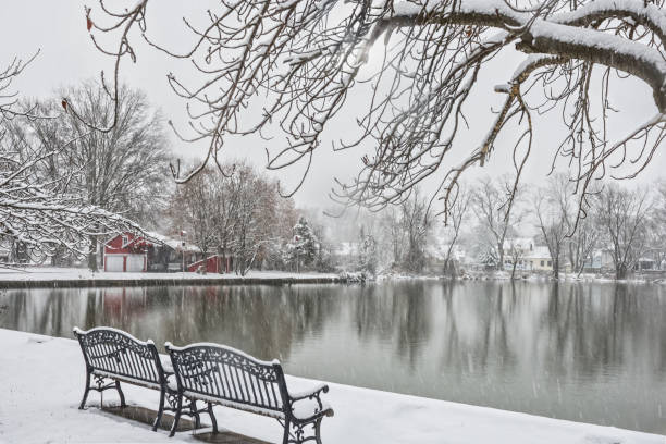Snowy Benches by the Lake stock photo