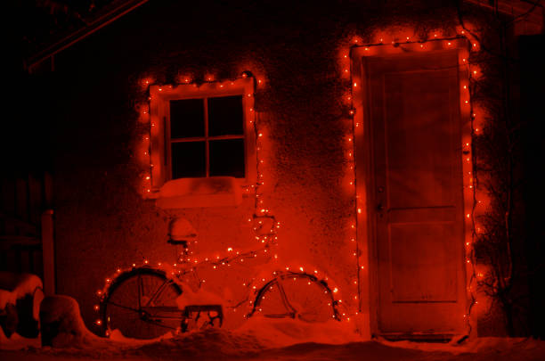 A retro-style cruiser bicycle and exterior of a garage are lit by a strand of red Christmas Lights.