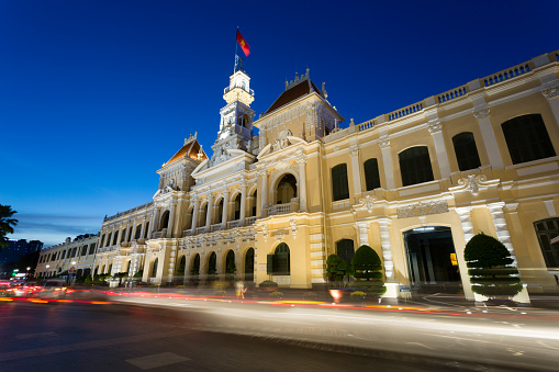 Ho Chi Minh City Hall or Hôtel de Ville de Saïgon was built in 1902-1908 in a French colonial style for the then city of Saigon. It was renamed after 1975 as Ho Chi Minh City People's Committee and serves as a government building as a City Hall.