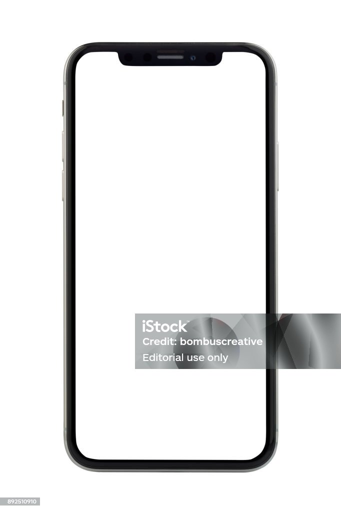Apple iPhone X Silver White Blank Screen Istanbul, Turkey - November 29, 2017: The new Apple iPhone X Silver Color 256GB Model with White Blank Startup Screen isolated on white background. Smart Phone Stock Photo