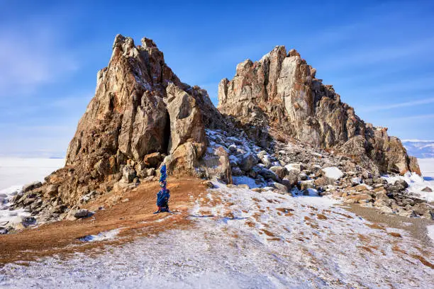 Rock Shamanka at Cape Burhan. Holy place of worship among local population. March. Baikal. Olkhon Island. Irkutsk region. Russia