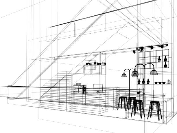 boceto diseño de cafetería, render 3d - built structure coffee blueprint engineering fotografías e imágenes de stock