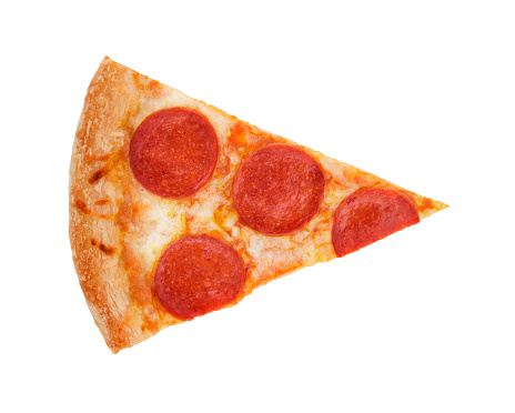 Pepperoni pizza slice view from top isolated on white (excluding the shadow)