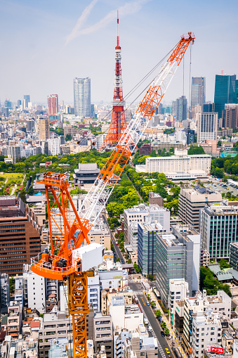 Aerial view of a construction site in downtown Tokyo.