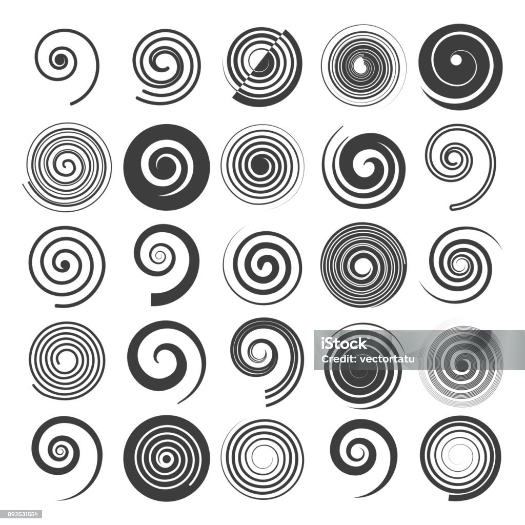 Spiral swirls icons Spiral vector. Hypnotic swirled shapes, vector graphic swirls icons isolated on white background Spiral stock vector