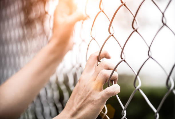 istock Woman hand holding on chain link fence for remember Human Rights Day concept. 892539024
