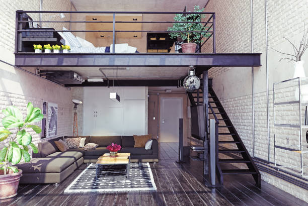 nowoczesny wystrój wnętrz na poddaszu. - loft apartment house contemporary indoors zdjęcia i obrazy z banku zdjęć