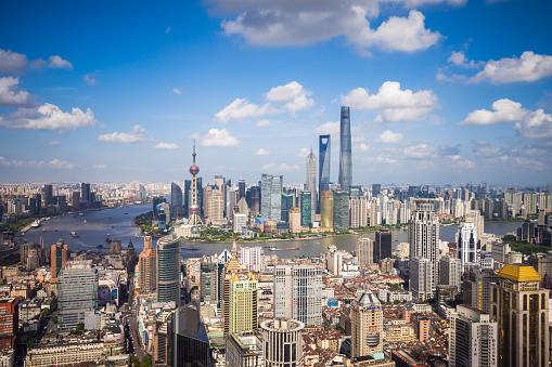 High angle view of crowded buildings and skyscrapers in Shanghai.