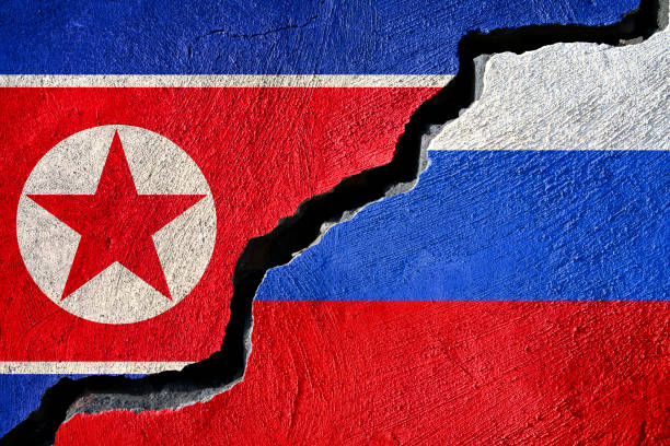 istock Concept North Korea and Russia flag on cracked background 892555984