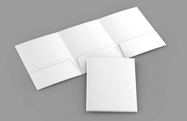 istock Tri-fold Blank white reinforced A4 three pocket folder catalog on grey background for mock up. 3D rendering. 892568338