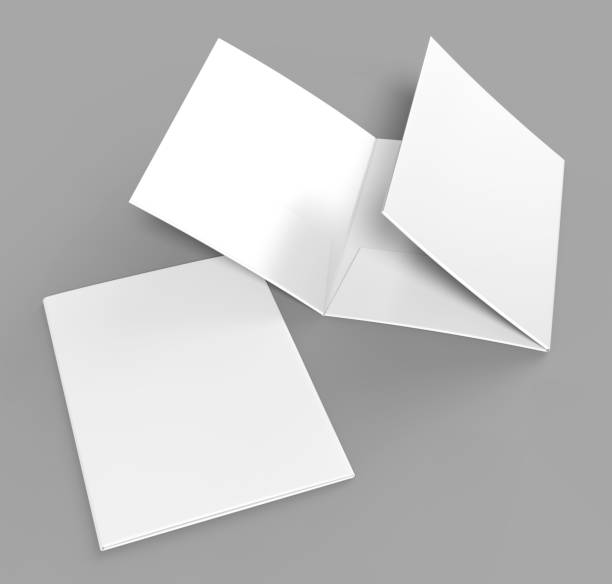istock Tri-fold Blank white reinforced A4 three pocket folder catalog on grey background for mock up. 3D rendering. 892570756