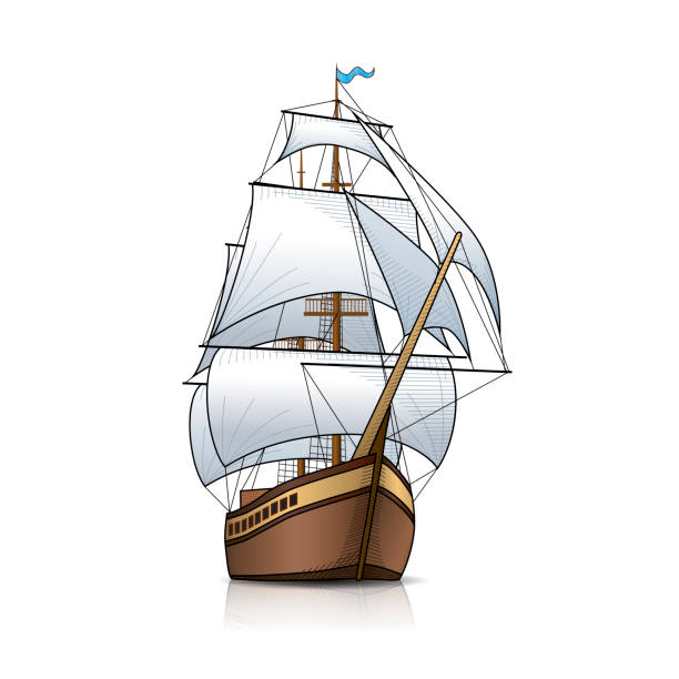 старинный парусник с отражением - illustration and painting retro revival sailboat antique stock illustrations