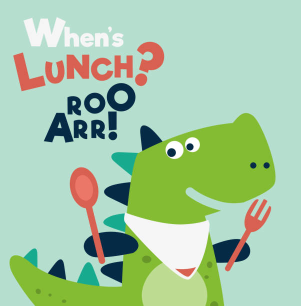 ilustraciones, imágenes clip art, dibujos animados e iconos de stock de lindo dinosaurio con cuchara y tenedor - plate hungry fork dinner