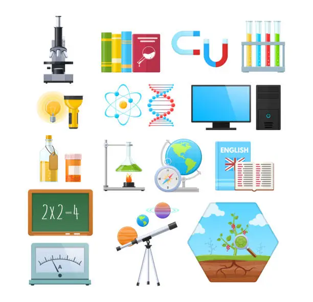 Vector illustration of Set of objects of natural sciences. Education, science, study information