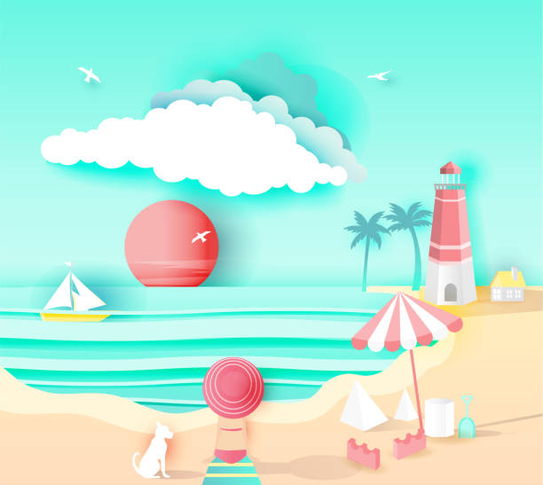 istock beach landscape with  happy family, paper art style on pastel color background.vector illustration 892591412