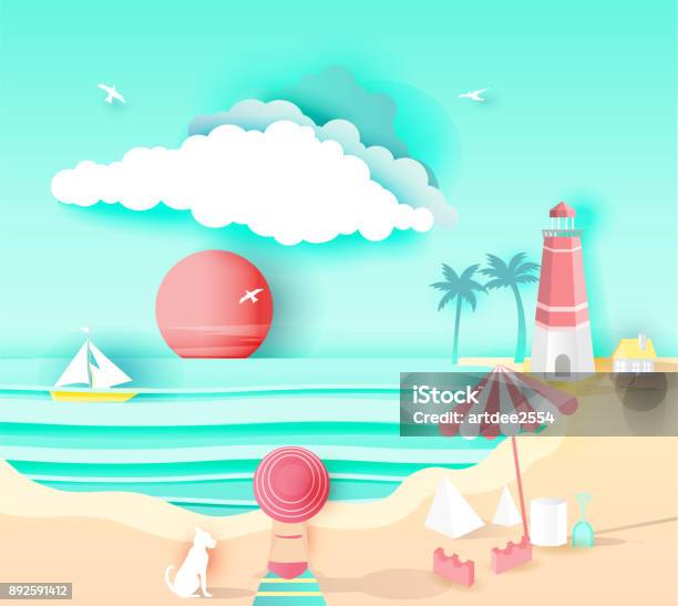 Beach Landscape With Happy Family Paper Art Style On Pastel Color Backgroundvector Illustration Stock Illustration - Download Image Now