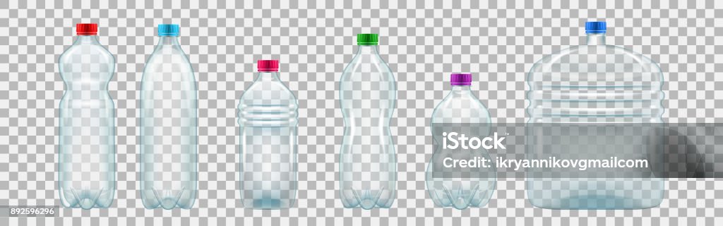Juego realista de botellas de plástico de varios tamaños y formas - arte vectorial de Botella libre de derechos