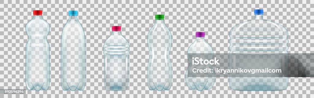 Set of realistic plastic bottles of various shapes and sizes Set of realistic plastic bottles of various shapes and sizes. Empty bottles of mineral water and other drinks. Vector illustration isolated on transparent background. Bottle stock vector