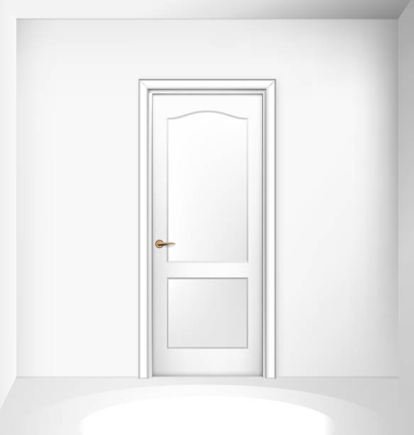 istock Closed white entrance door on white wall. Realistic vector illustration 892598442