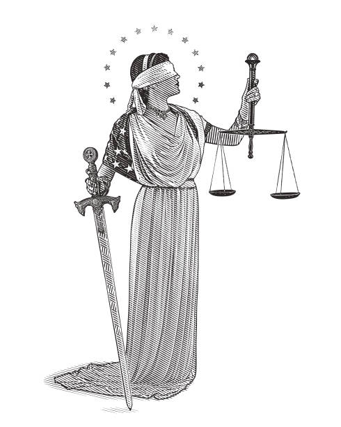 grawerowanie ilustracji lady justice trzymając miecz i łuski z opaską na oczy i noszenie amerykańskiej flagi - sprawiedliwość pojęcia stock illustrations