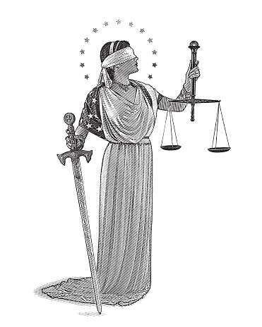 Engraving illustration of Lady Justice holding sword and scales with blindfold and wearing American flag