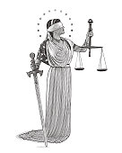 Engraving illustration of Lady Justice holding sword and scales with blindfold and wearing American flag
