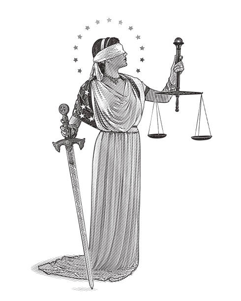 Engraving illustration of Lady Justice holding sword and scales with blindfold and wearing American flag Engraving illustration of Lady Justice holding sword and scales with blindfold and wearing American flag law illustrations stock illustrations