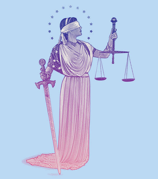 illustrazioni stock, clip art, cartoni animati e icone di tendenza di illustrazione incisione di lady justice che tiene spada e squame con la benda e indossa bandiera americana - roman mythology illustrations