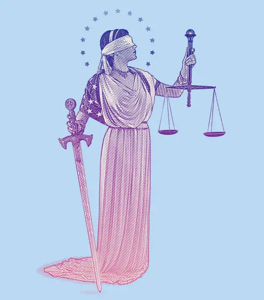 Vector illustration of Engraving illustration of Lady Justice holding sword and scales with blindfold and wearing American flag