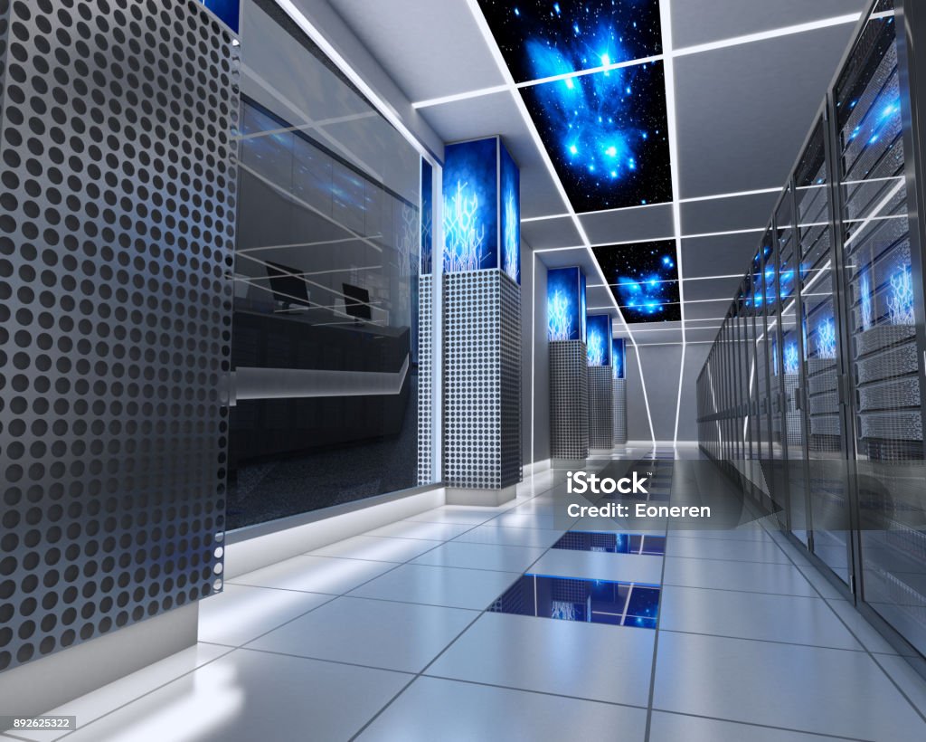 Futuristic Server Room Interior Design Stock Photo - Download Image Now ...
