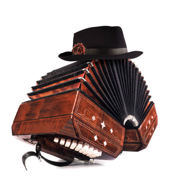 istock Bandoneon, tango instrument with a male hat on top on white 892634114