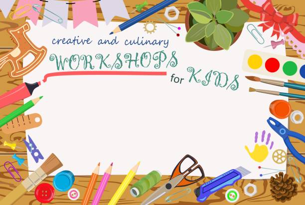 Advertising template: handmade and creative classes for children. Banners. Vector Poster for announcements about teaching lessons and seminars. On wooden background, tools for creative work, white sheet of paper with place for advertising text. Drawing, cooking, sewing, music education, crafts for kids and parents, adults. art and craft stock illustrations