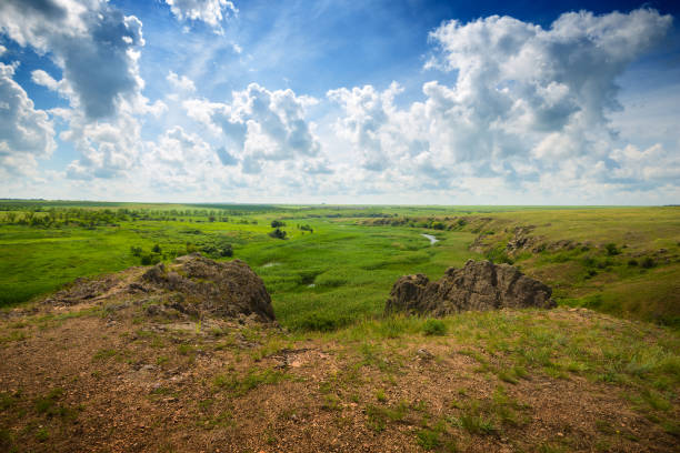 green expanse of prairie under the blue sky - prairie wide landscape sky imagens e fotografias de stock