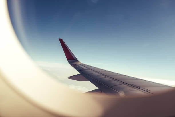 An airplane wing through airplane window with blue sky background