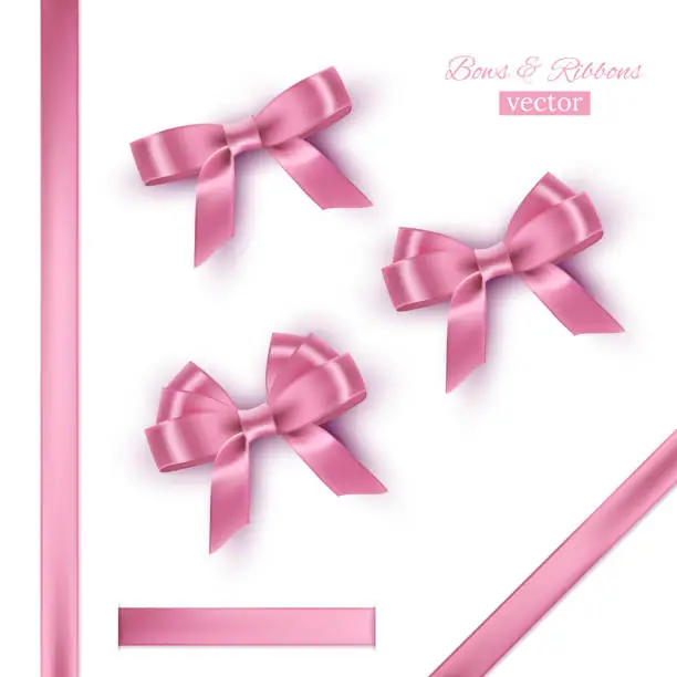 Vector illustration of Pink bows and ribbons. Vector realistic design elements set.