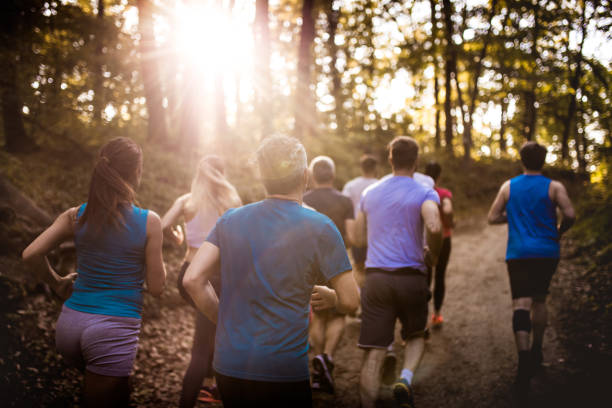 istock Rear view of marathon runners racing through the forest. 892662706