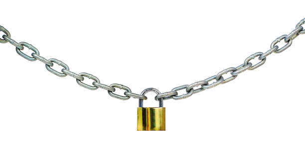 istock Length of steel chain fastened by brass padlock 892663112