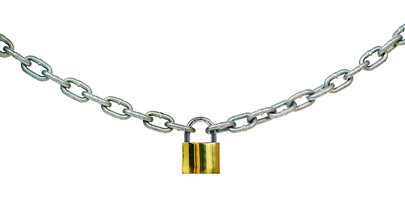 A length of metal chain, cropped, is fastened in the centre front by a brass padlock.