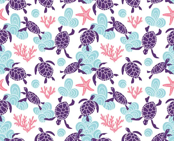 Vector illustration of Vector seamless pattern with ornamental ocean turtles. Blue ethnic hand drawn fabric design