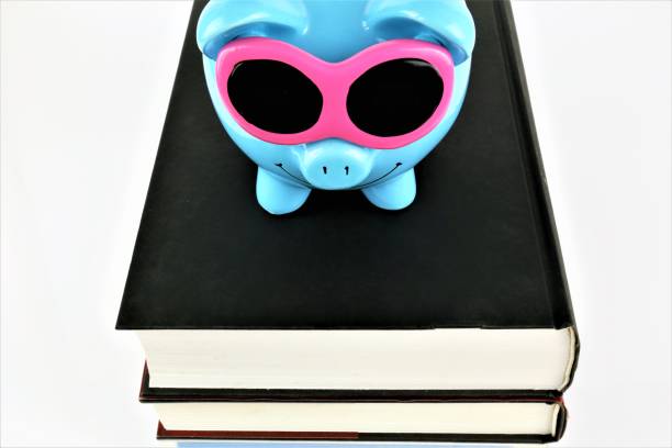 una imagen de concepto de un guarro con libros - savings piggy bank blackboard bank account fotografías e imágenes de stock